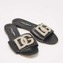 Pre Owned Dolce & Gabbana Black Leather DG Crystal Embellished Flat Slides Size 40