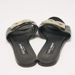 Pre Owned Dolce & Gabbana Black Leather DG Crystal Embellished Flat Slides Size 40