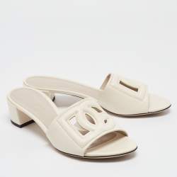 Dolce & Gabbana Off White Leather Cut Out DG Logo Slide Sandals Size 38.5