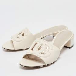 Dolce & Gabbana Off White Leather Cut Out DG Logo Slide Sandals Size 38.5