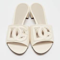 Dolce & Gabbana Off White Leather Cut Out DG Logo Slide Sandals Size 38.5