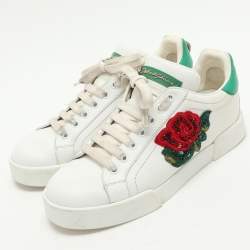 Dolce & Gabbana White/Green Leather Portofino Embellished Low Top Sneakers Size 37.5