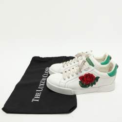 Dolce & Gabbana White/Green Leather Portofino Embellished Low Top Sneakers Size 37.5