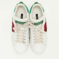 Dolce & Gabbana White/Green Leather Portofino Embellished Low Top Sneakers Size 37.5