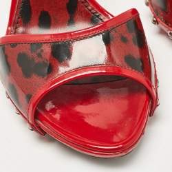 Pre Owned Dolce & Gabbana Red Patent Leather Leopard Print Slide Sandals Size 38