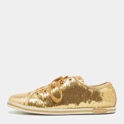Pre Owned Dolce & Gabbana Gold Leather and Sequins Low Top Sneakers Size 40