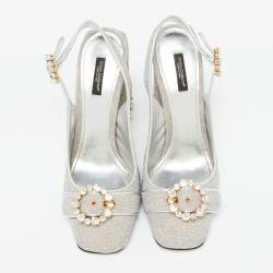 Dolce & Gabbana Silver Metallic Fabric Crystal Embellished Block Heel Pumps Size 41