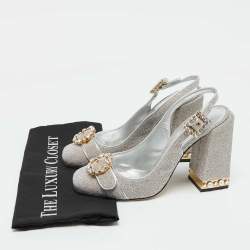 Dolce & Gabbana Silver Metallic Fabric Crystal Embellished Block Heel Pumps Size 41