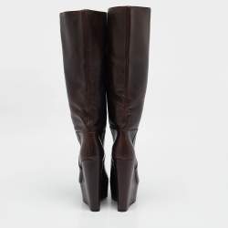 Pre Owned Dolce & Gabbana Brown Leather Wedge Mid Calf Boots Size 37.5
