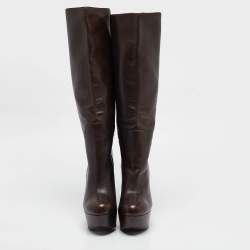 Pre Owned Dolce & Gabbana Brown Leather Wedge Mid Calf Boots Size 37.5