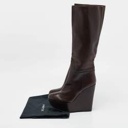 Pre Owned Dolce & Gabbana Brown Leather Wedge Mid Calf Boots Size 37.5
