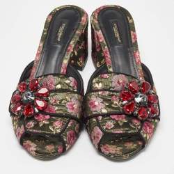 Dolce & Gabbana Black Brocade Fabric Floral Print Slide Sandals Size 41