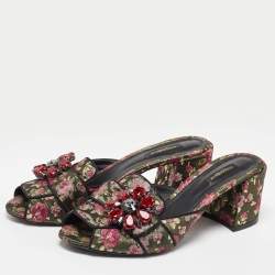 Dolce & Gabbana Black Brocade Fabric Floral Print Slide Sandals Size 41