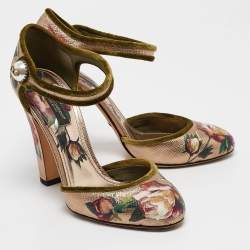 Pre Owned Dolce & Gabbana Metallic Floral Print Leather Ankle Strap Pumps Size 37