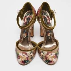 Pre Owned Dolce & Gabbana Metallic Floral Print Leather Ankle Strap Pumps Size 37
