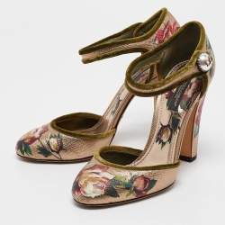 Pre Owned Dolce & Gabbana Metallic Floral Print Leather Ankle Strap Pumps Size 37