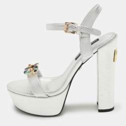 Dolce & Gabbana Silver Leather Embellished Platform Ankle Strap Sandals Size 39