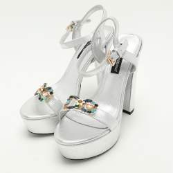 Dolce & Gabbana Silver Leather Embellished Platform Ankle Strap Sandals Size 39