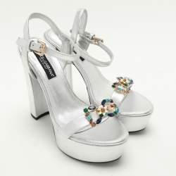 Dolce & Gabbana Silver Leather Embellished Platform Ankle Strap Sandals Size 39