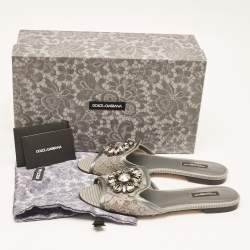 Dolce & Gabbana Grey Lace and Satin Flat Slides Size 37