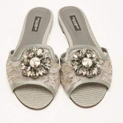 Dolce & Gabbana Grey Lace and Satin Flat Slides Size 37