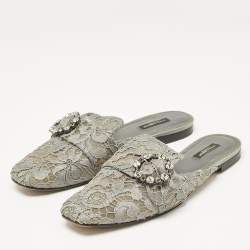 Pre Owned Dolce & Gabbana Grey Lace and Mesh Crystal Embellished Mules Size 40