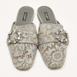 Pre Owned Dolce & Gabbana Grey Lace and Mesh Crystal Embellished Mules Size 40