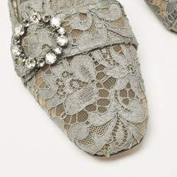 Pre Owned Dolce & Gabbana Grey Lace and Mesh Crystal Embellished Mules Size 40