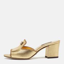 Dolce & Gabbana Gold Lizard Embossed Leather Slide Sandals Size 36