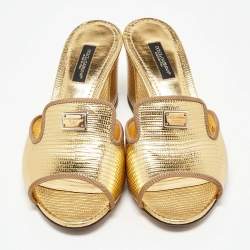 Dolce & Gabbana Gold Lizard Embossed Leather Slide Sandals Size 36