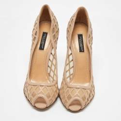 Pre Owned Dolce & Gabbana Beige Mesh and Leather Caged Peep Toe Pumps Size 37