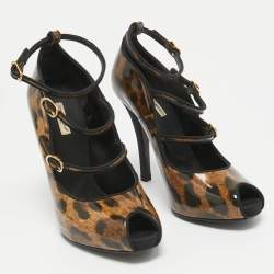 Dolce & Gabbana Brown/Black Leopard Print Patent Peep Toe Pumps Size 38.5