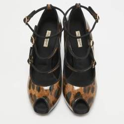 Dolce & Gabbana Brown/Black Leopard Print Patent Peep Toe Pumps Size 38.5