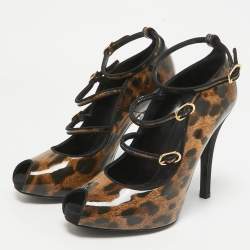 Dolce & Gabbana Brown/Black Leopard Print Patent Peep Toe Pumps Size 38.5