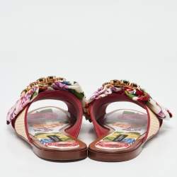 Pre Owned Dolce & Gabbana Multicolor Floral Print Canvas and Raffia Crystal Embellished Flat Slides Size 39