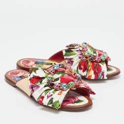 Pre Owned Dolce & Gabbana Multicolor Floral Print Canvas and Raffia Crystal Embellished Flat Slides Size 39