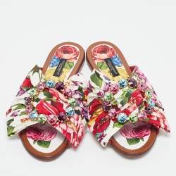 Pre Owned Dolce & Gabbana Multicolor Floral Print Canvas and Raffia Crystal Embellished Flat Slides Size 39