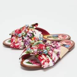 Pre Owned Dolce & Gabbana Multicolor Floral Print Canvas and Raffia Crystal Embellished Flat Slides Size 39