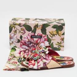 Pre Owned Dolce & Gabbana Multicolor Floral Print Canvas and Raffia Crystal Embellished Flat Slides Size 39