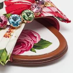 Pre Owned Dolce & Gabbana Multicolor Floral Print Canvas and Raffia Crystal Embellished Flat Slides Size 39