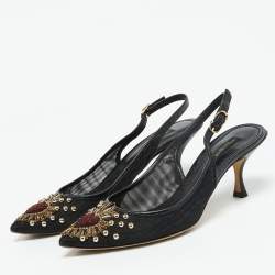 Pre Owned Dolce & Gabbana Black Leather and Mesh Lori Embellished Slingback Pumps Size 40