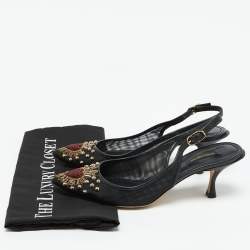 Pre Owned Dolce & Gabbana Black Leather and Mesh Lori Embellished Slingback Pumps Size 40