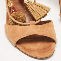 Dolce & Gabbana Brown Suede Pom Pom Detail Tie Up Sandals Size 37.5