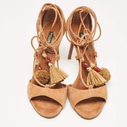 Dolce & Gabbana Brown Suede Pom Pom Detail Tie Up Sandals Size 37.5