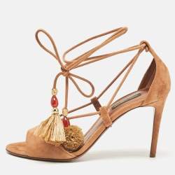 Dolce & Gabbana Brown Suede Pom Pom Detail Tie Up Sandals Size 37.5