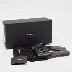 Pre Owned Dolce & Gabbana Black Leather DG Laser Cut Slide Flat Sandals Size 38.5