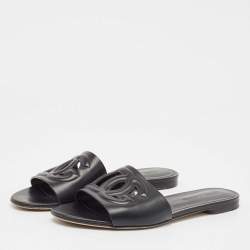 Pre Owned Dolce & Gabbana Black Leather DG Laser Cut Slide Flat Sandals Size 38.5