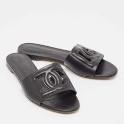 Pre Owned Dolce & Gabbana Black Leather DG Laser Cut Slide Flat Sandals Size 38.5