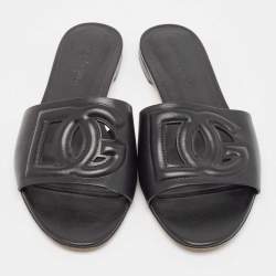 Pre Owned Dolce & Gabbana Black Leather DG Laser Cut Slide Flat Sandals Size 38.5