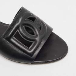 Pre Owned Dolce & Gabbana Black Leather DG Laser Cut Slide Flat Sandals Size 38.5